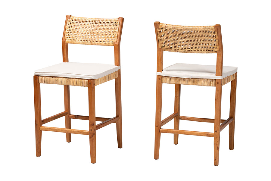 bali & pari Chatura Natural Rattan and Mahogany Wood 2-Piece Counter Stool Set - Handwoven Wicker Stool with Angled Back, Coastal Boho Seating for Kitchen Island, Counter Height