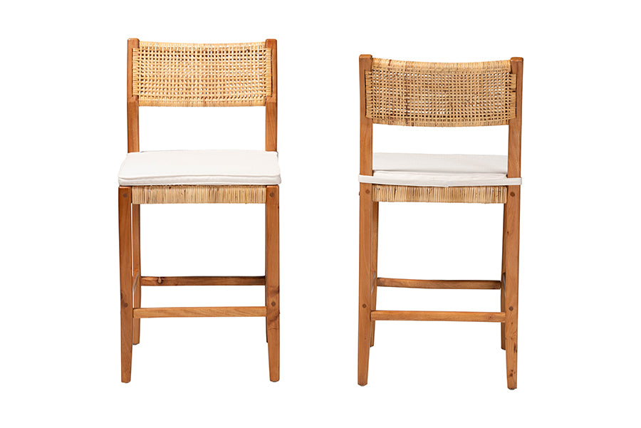 bali & pari Chatura Natural Rattan and Mahogany Wood 2-Piece Counter Stool Set - Handwoven Wicker Stool with Angled Back, Coastal Boho Seating for Kitchen Island, Counter Height