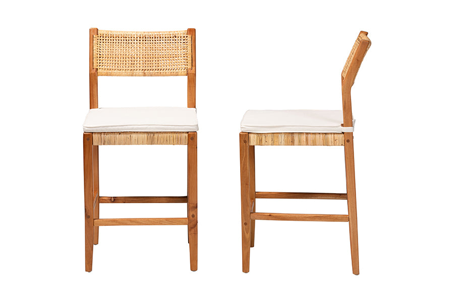 bali & pari Chatura Natural Rattan and Mahogany Wood 2-Piece Counter Stool Set - Handwoven Wicker Stool with Angled Back, Coastal Boho Seating for Kitchen Island, Counter Height