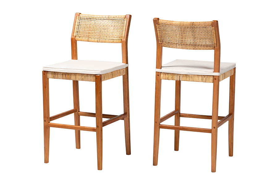 bali & pari Chatura Natural Rattan and Mahogany Wood 2-Piece Bar Stool Set - Handwoven Wicker Stool with Angled Back, Coastal Boho Seating for Lounge, Bar Height