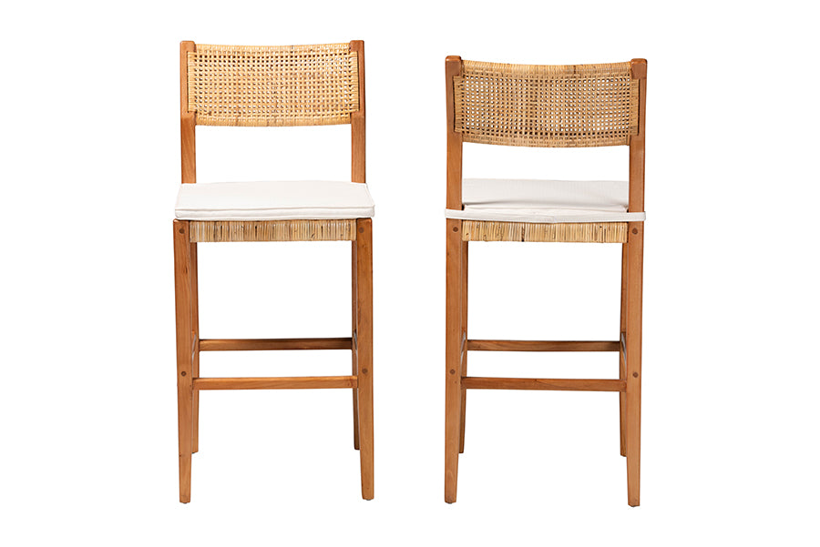 bali & pari Chatura Natural Rattan and Mahogany Wood 2-Piece Bar Stool Set - Handwoven Wicker Stool with Angled Back, Coastal Boho Seating for Lounge, Bar Height