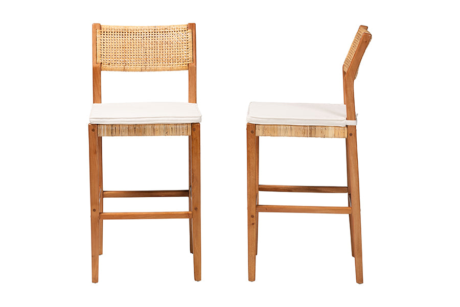 bali & pari Chatura Natural Rattan and Mahogany Wood 2-Piece Bar Stool Set - Handwoven Wicker Stool with Angled Back, Coastal Boho Seating for Lounge, Bar Height
