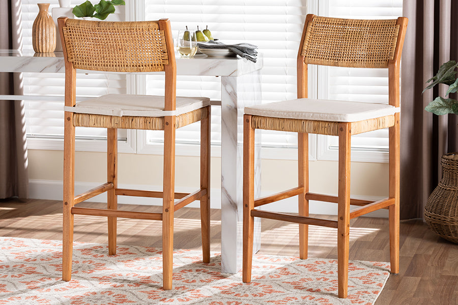 bali & pari Chatura Natural Rattan and Mahogany Wood 2-Piece Bar Stool Set - Handwoven Wicker Stool with Angled Back, Coastal Boho Seating for Lounge, Bar Height