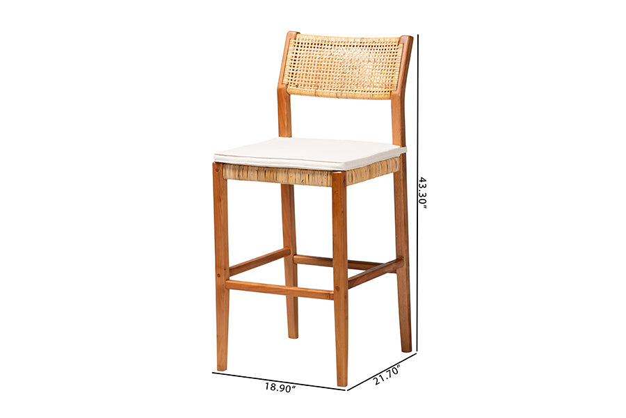 bali & pari Chatura Natural Rattan and Mahogany Wood 2-Piece Bar Stool Set - Handwoven Wicker Stool with Angled Back, Coastal Boho Seating for Lounge, Bar Height
