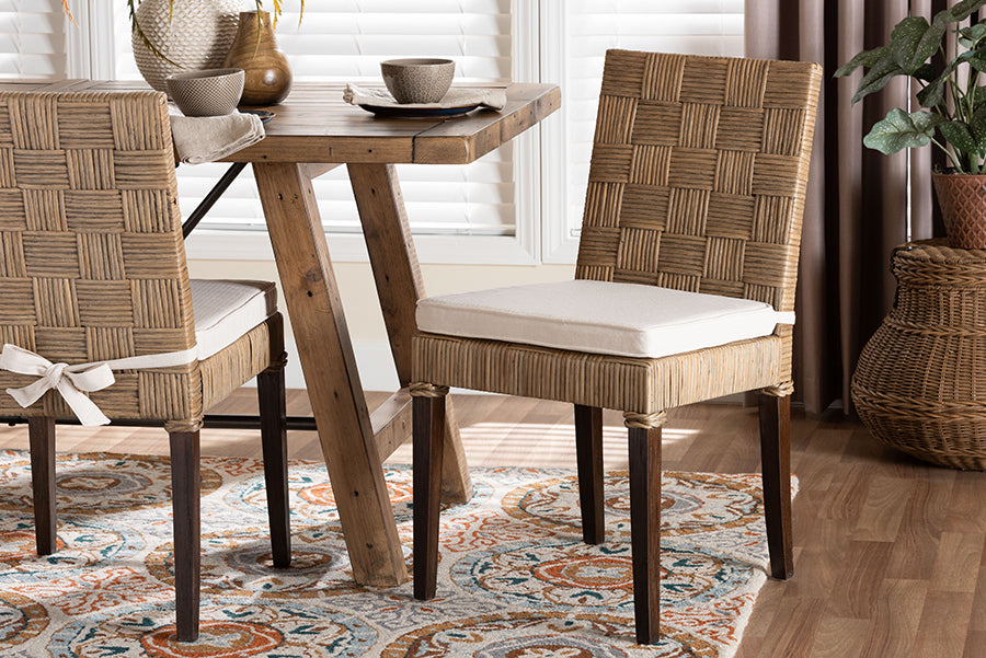 bali & pari Fatima Natural Rattan Dining Chair with Cushion - Handwoven Wicker Side Chair with Basketweave Back and Seat, Coastal Boho Seating for Dining Room or Kitchen