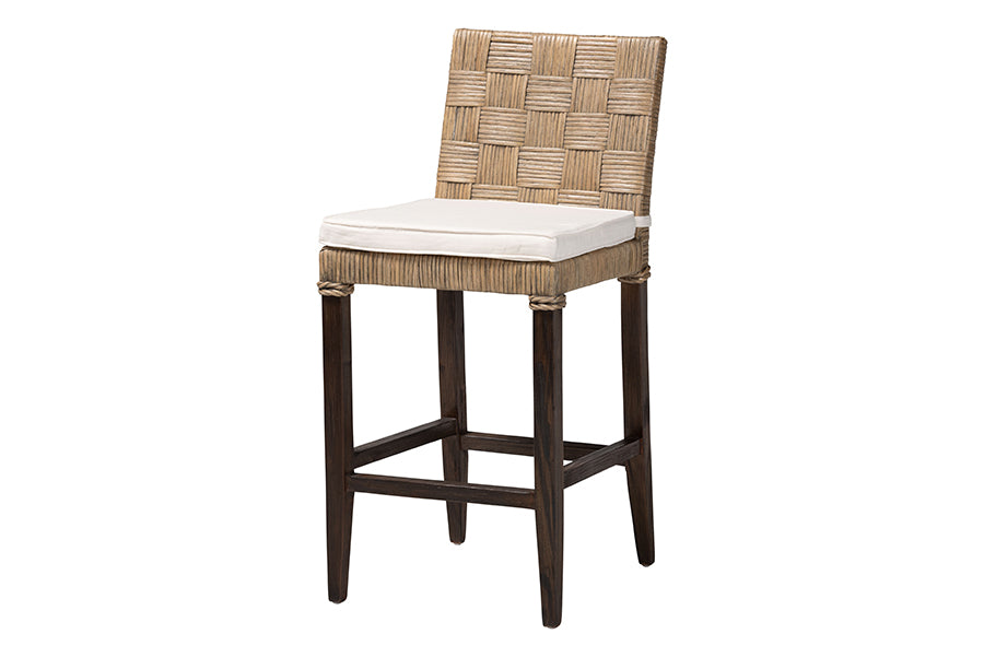 bali & pari Fatima Natural Rattan Counter Stool with Cushion - Handwoven Wicker Stool with Basketweave Back and Seat, Coastal Boho Seating for Kitchen or Dining Area