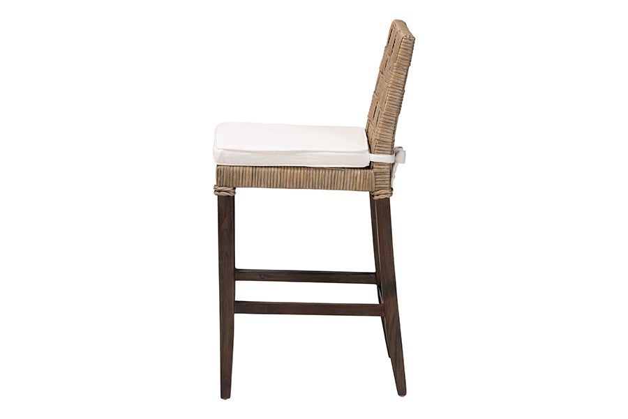 bali & pari Fatima Natural Rattan Counter Stool with Cushion - Handwoven Wicker Stool with Basketweave Back and Seat, Coastal Boho Seating for Kitchen or Dining Area