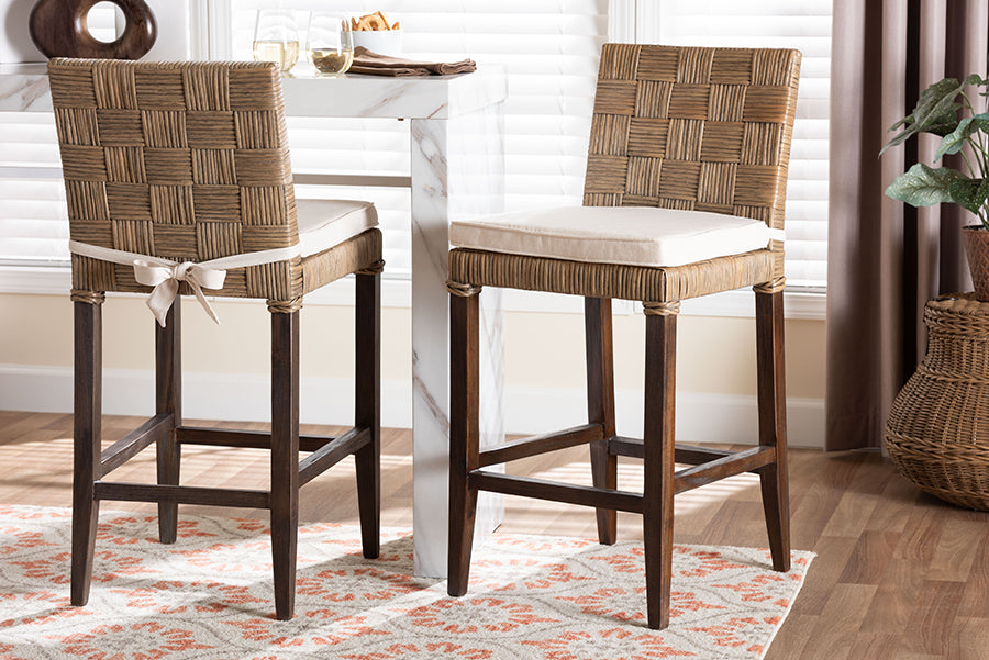 bali & pari Fatima Natural Rattan Counter Stool with Cushion - Handwoven Wicker Stool with Basketweave Back and Seat, Coastal Boho Seating for Kitchen or Dining Area