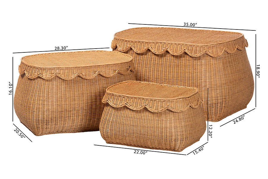 bali & pari Ayleen Natural Rattan Basket Set with Scalloped Lids - Handwoven Wicker Storage Boxes, Boho Coastal Home Decor, 3-Piece Set