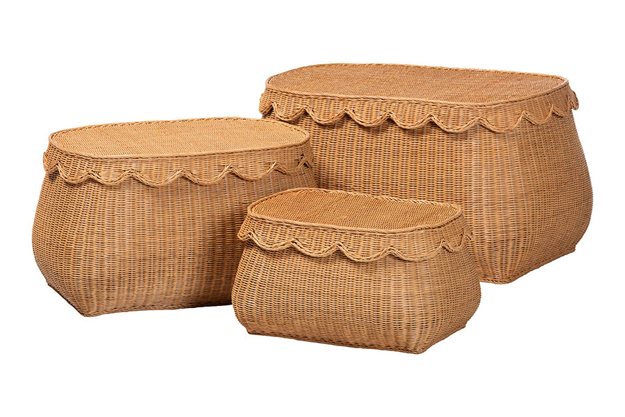 bali & pari Ayleen Natural Rattan Basket Set with Scalloped Lids - Handwoven Wicker Storage Boxes, Boho Coastal Home Decor, 3-Piece Set
