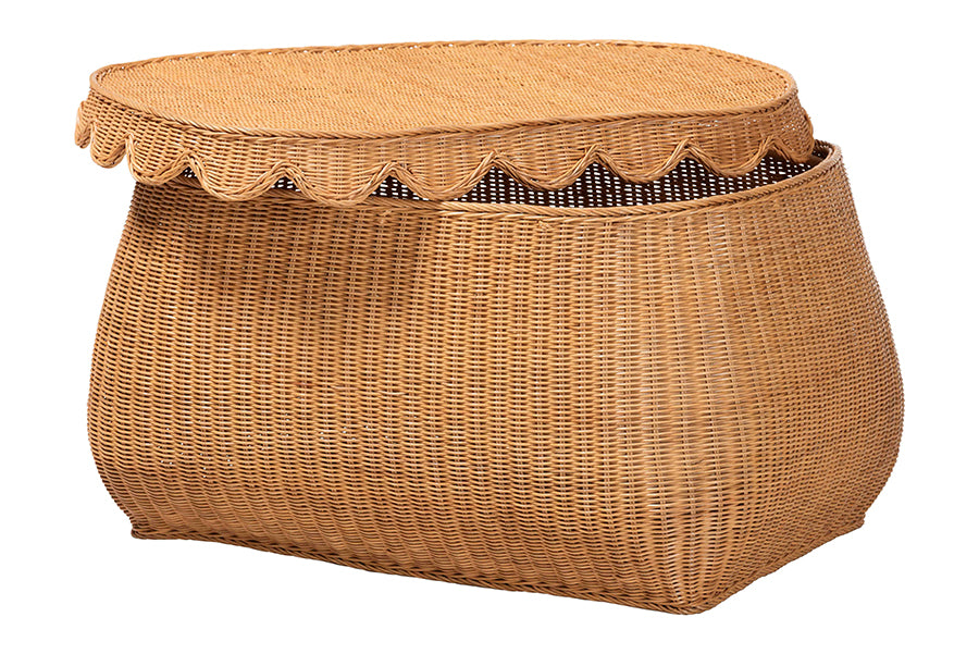 bali & pari Ayleen Natural Rattan Basket Set with Scalloped Lids - Handwoven Wicker Storage Boxes, Boho Coastal Home Decor, 3-Piece Set