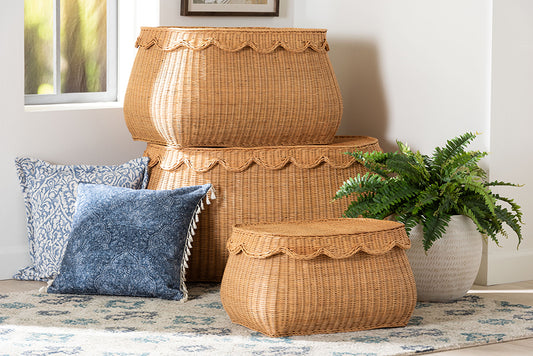 bali & pari Ayleen Natural Rattan Basket Set with Scalloped Lids - Handwoven Wicker Storage Boxes, Boho Coastal Home Decor, 3-Piece Set