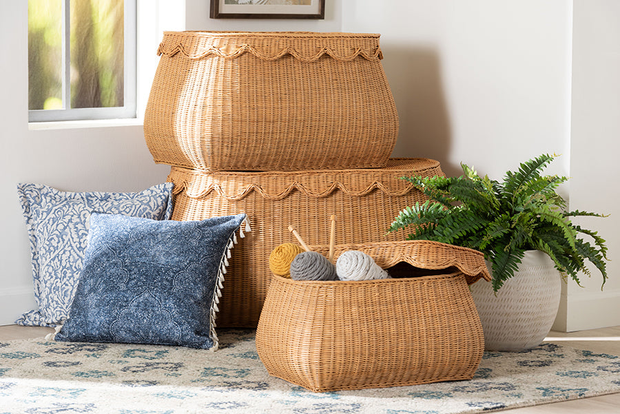 bali & pari Ayleen Natural Rattan Basket Set with Scalloped Lids - Handwoven Wicker Storage Boxes, Boho Coastal Home Decor, 3-Piece Set
