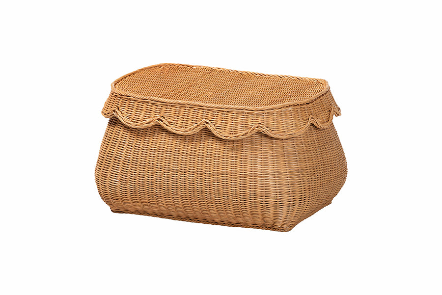 bali & pari Ayleen Natural Rattan Basket with Scalloped Lid - Handwoven Wicker Storage Box, Boho Coastal Home Decor, Small