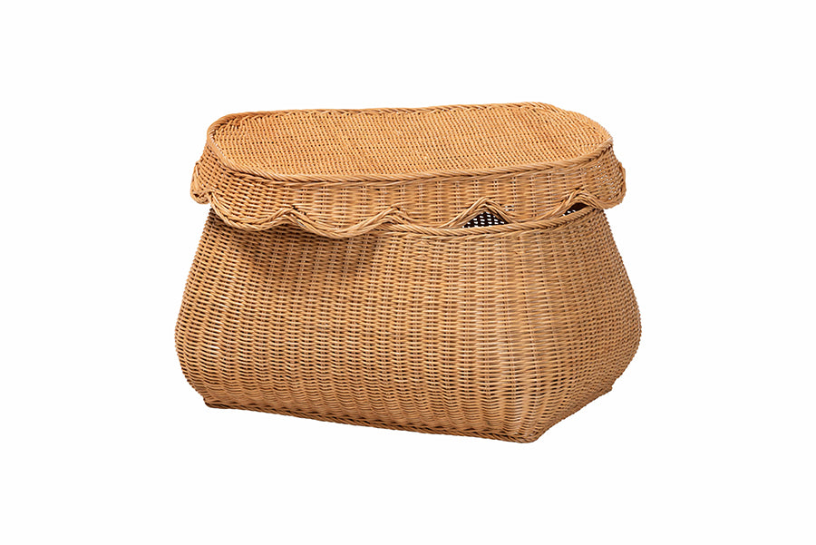 bali & pari Ayleen Natural Rattan Basket with Scalloped Lid - Handwoven Wicker Storage Box, Boho Coastal Home Decor, Small