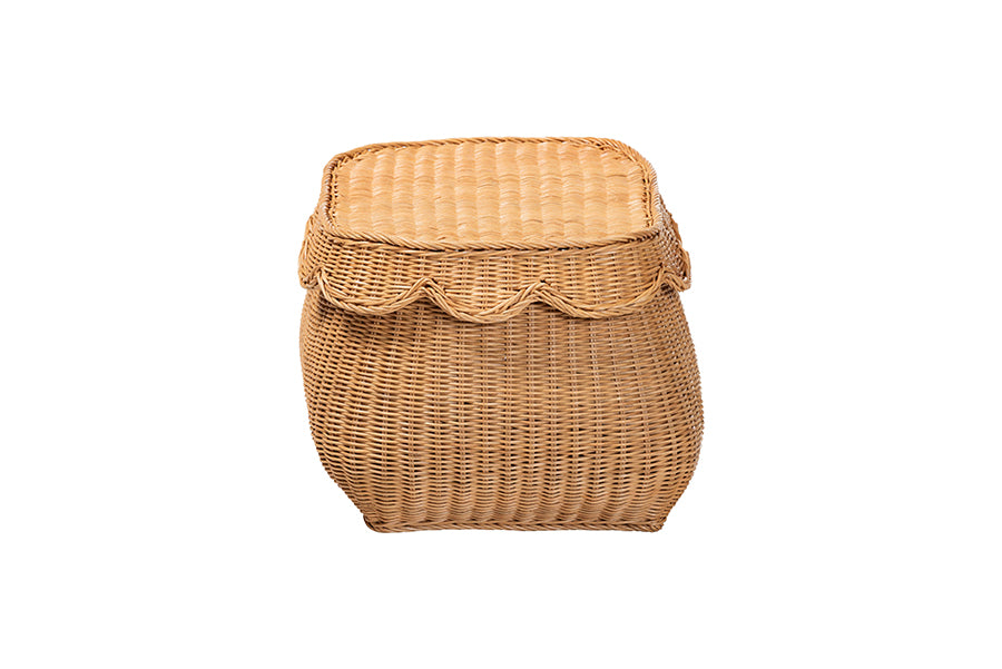 bali & pari Ayleen Natural Rattan Basket with Scalloped Lid - Handwoven Wicker Storage Box, Boho Coastal Home Decor, Small