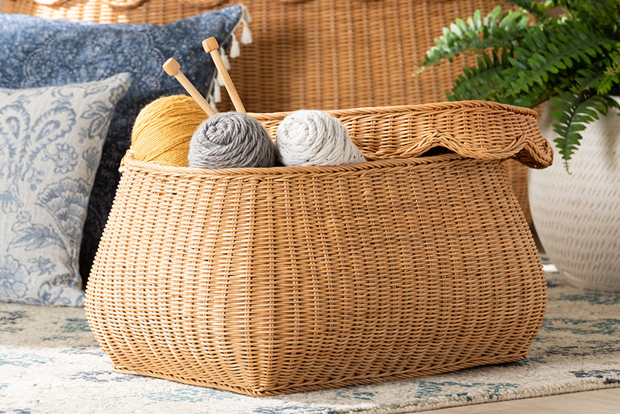 bali & pari Ayleen Natural Rattan Basket with Scalloped Lid - Handwoven Wicker Storage Box, Boho Coastal Home Decor, Small