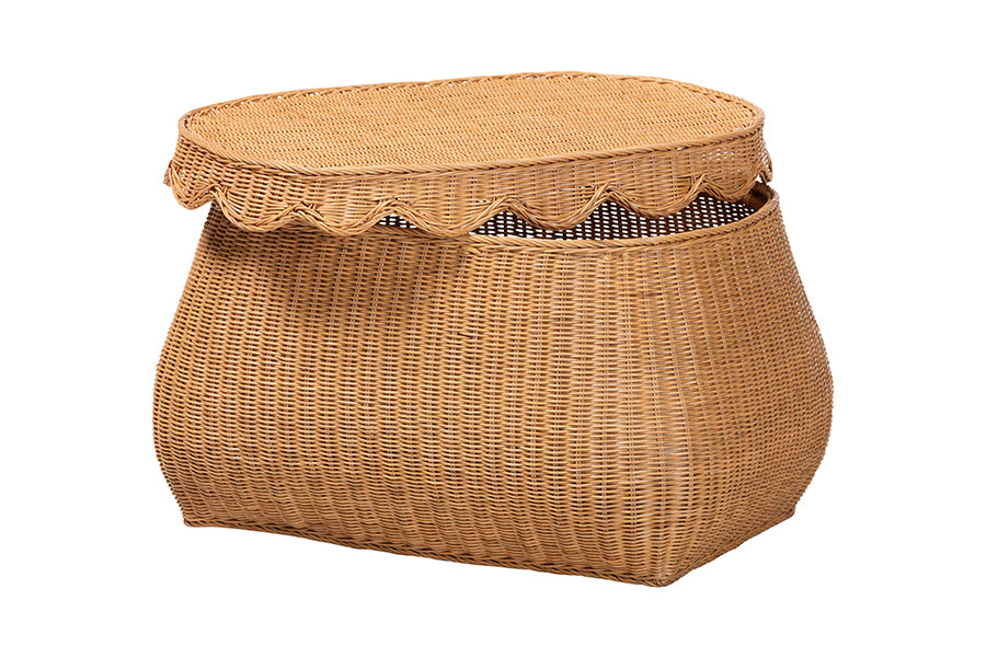 bali & pari Ayleen Natural Rattan Basket with Scalloped Lid - Handwoven Wicker Storage Box, Boho Coastal Home Decor, Medium