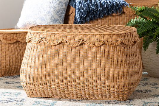 bali & pari Ayleen Natural Rattan Basket with Scalloped Lid - Handwoven Wicker Storage Box, Boho Coastal Home Decor, Medium