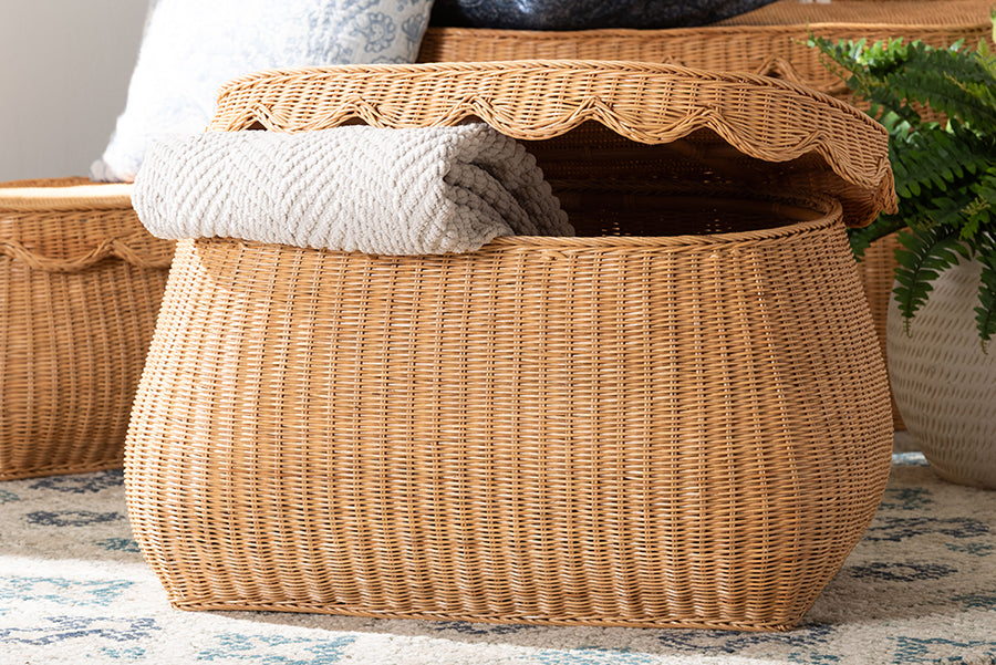 bali & pari Ayleen Natural Rattan Basket with Scalloped Lid - Handwoven Wicker Storage Box, Boho Coastal Home Decor, Medium