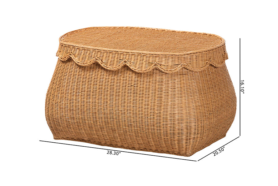 bali & pari Ayleen Natural Rattan Basket with Scalloped Lid - Handwoven Wicker Storage Box, Boho Coastal Home Decor, Medium