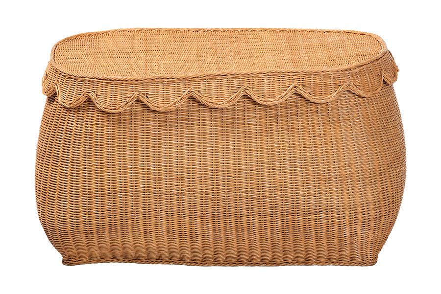 bali & pari Ayleen Natural Rattan Basket with Scalloped Lid - Handwoven Wicker Storage Box, Boho Coastal Home Decor, Large