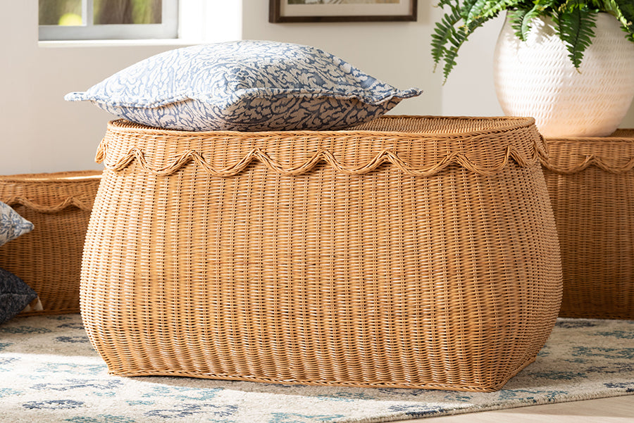 bali & pari Ayleen Natural Rattan Basket with Scalloped Lid - Handwoven Wicker Storage Box, Boho Coastal Home Decor, Large