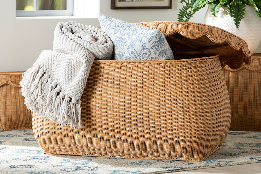 bali & pari Ayleen Natural Rattan Basket with Scalloped Lid - Handwoven Wicker Storage Box, Boho Coastal Home Decor, Large