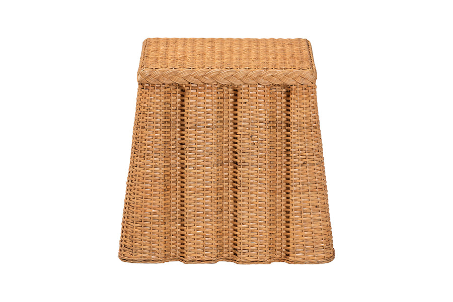 bali & pari Andrea Natural Rattan End Table - Handwoven Wicker Accent Table with Pleated Skirt, Boho Coastal Side Table