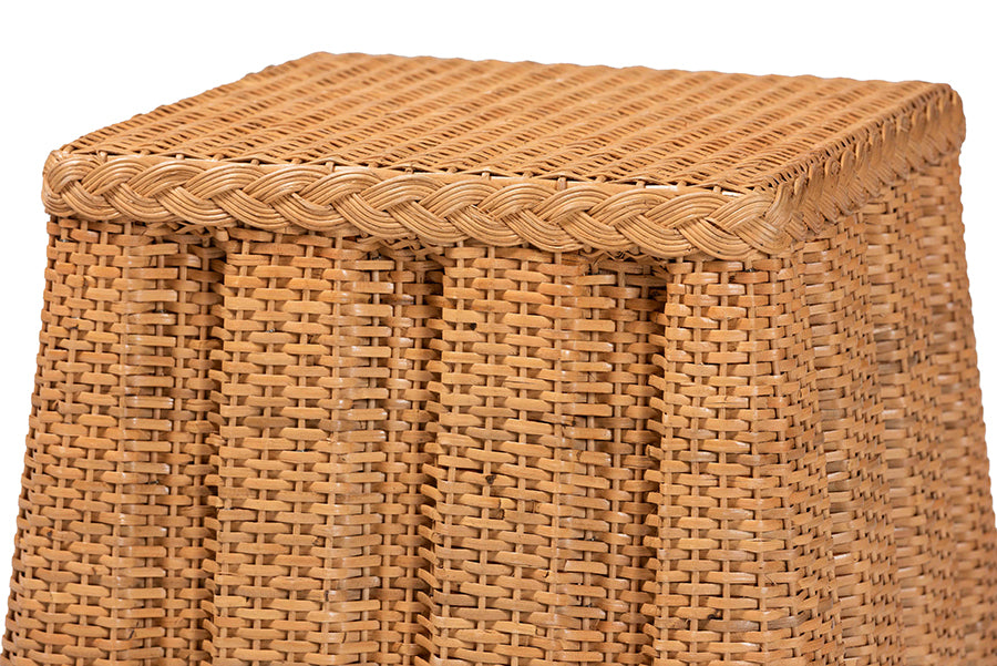 bali & pari Andrea Natural Rattan End Table - Handwoven Wicker Accent Table with Pleated Skirt, Boho Coastal Side Table