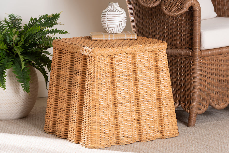 bali & pari Andrea Natural Rattan End Table - Handwoven Wicker Accent Table with Pleated Skirt, Boho Coastal Side Table