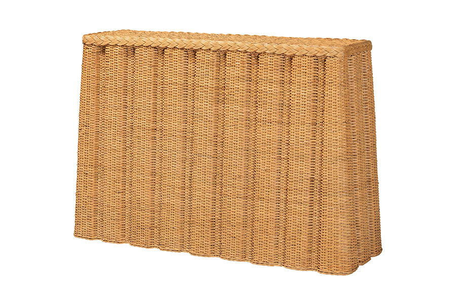 bali & pari Andrea Natural Rattan Console Table - Handwoven Wicker Accent Table with Pleated Skirt, Boho Coastal Decor