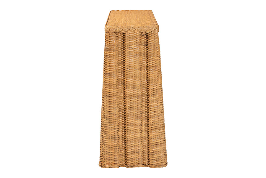 bali & pari Andrea Natural Rattan Console Table - Handwoven Wicker Accent Table with Pleated Skirt, Boho Coastal Decor
