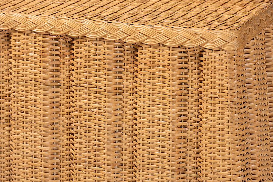 bali & pari Andrea Natural Rattan Console Table - Handwoven Wicker Accent Table with Pleated Skirt, Boho Coastal Decor