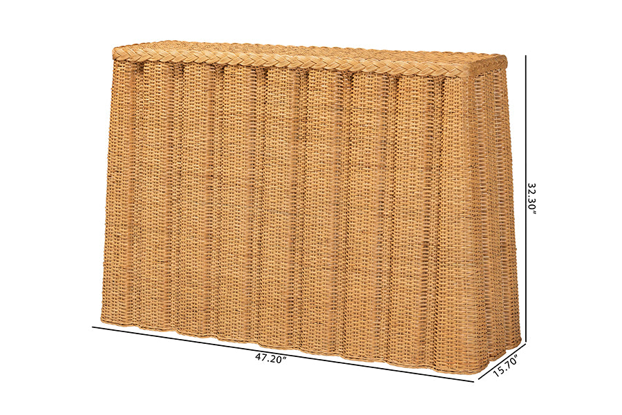 bali & pari Andrea Natural Rattan Console Table - Handwoven Wicker Accent Table with Pleated Skirt, Boho Coastal Decor
