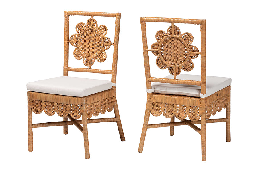 bali & pari Abagale Natural Rattan 2-Piece Dining Chair Set - Handwoven Wicker Accent Side Chair with Floral Back and Removable Cushion, Artisanal Seating for Kitchen or Dining Room