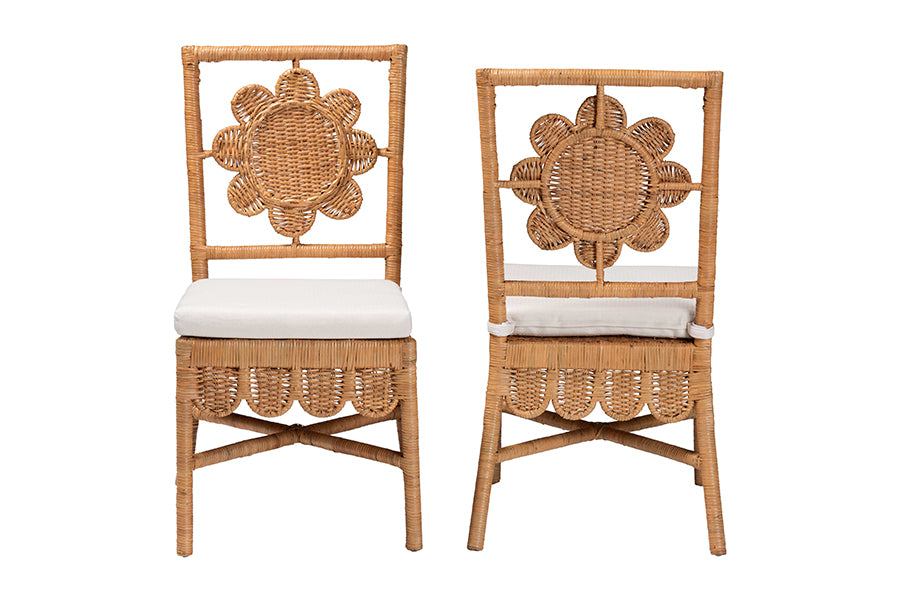 bali & pari Abagale Natural Rattan 2-Piece Dining Chair Set - Handwoven Wicker Accent Side Chair with Floral Back and Removable Cushion, Artisanal Seating for Kitchen or Dining Room