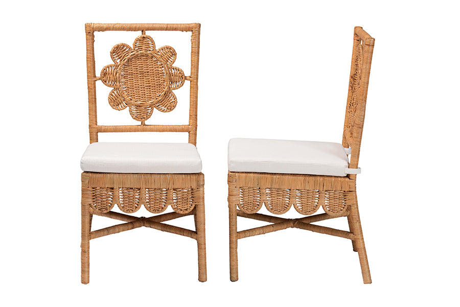 bali & pari Abagale Natural Rattan 2-Piece Dining Chair Set - Handwoven Wicker Accent Side Chair with Floral Back and Removable Cushion, Artisanal Seating for Kitchen or Dining Room