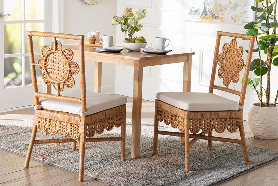 bali & pari Abagale Natural Rattan 2-Piece Dining Chair Set - Handwoven Wicker Accent Side Chair with Floral Back and Removable Cushion, Artisanal Seating for Kitchen or Dining Room