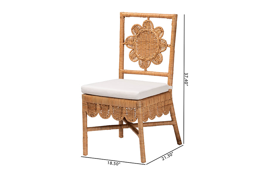 bali & pari Abagale Natural Rattan 2-Piece Dining Chair Set - Handwoven Wicker Accent Side Chair with Floral Back and Removable Cushion, Artisanal Seating for Kitchen or Dining Room