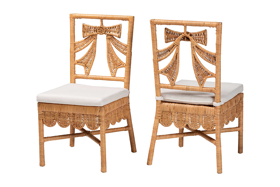 bali & pari Abia Natural Rattan 2-Piece Dining Chair Set - Handwoven Wicker Accent Side Chair with Bow and Ribbon Design, Artisanal Seating for Kitchen or Dining Room