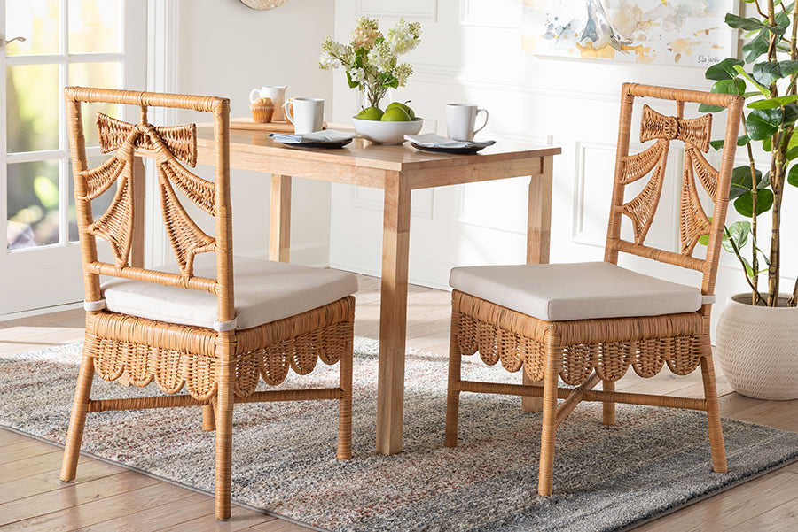 bali & pari Abia Natural Rattan 2-Piece Dining Chair Set - Handwoven Wicker Accent Side Chair with Bow and Ribbon Design, Artisanal Seating for Kitchen or Dining Room