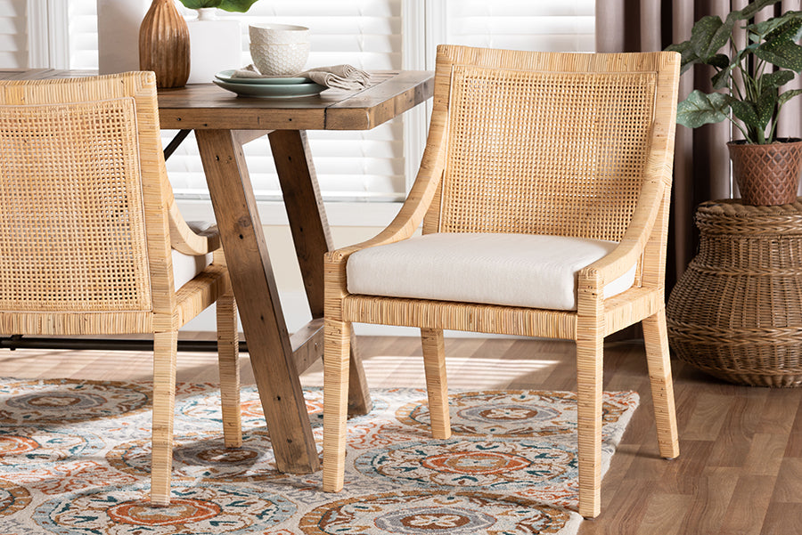 bali & pari Alexis Natural Rattan Dining Chair - Handcrafted Wingback Accent Chair with Woven Back and Removable Seat Cushion, Coastal Boho Seating for Kitchen or Dining Room