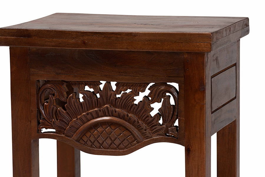 bali & pari Alexandra Handcarved Mahogany Wood Nightstand - Decorative Accent Table with Lower Shelf, Traditional Artisan Furniture