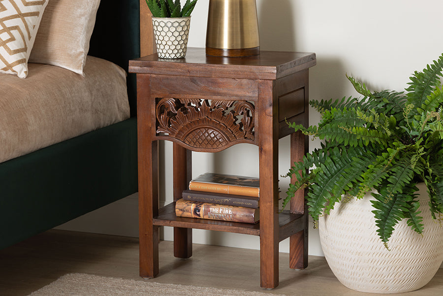 bali & pari Alexandra Handcarved Mahogany Wood Nightstand - Decorative Accent Table with Lower Shelf, Traditional Artisan Furniture