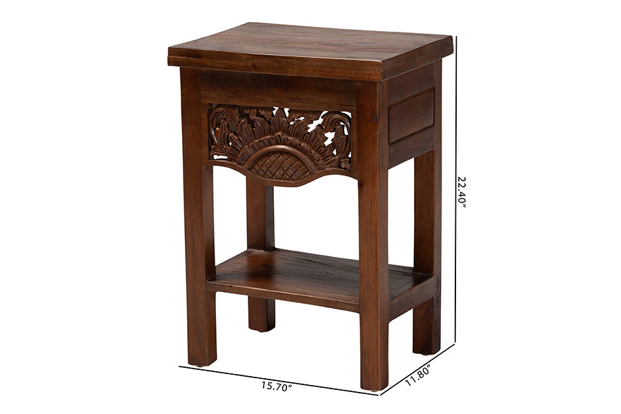 bali & pari Alexandra Handcarved Mahogany Wood Nightstand - Decorative Accent Table with Lower Shelf, Traditional Artisan Furniture