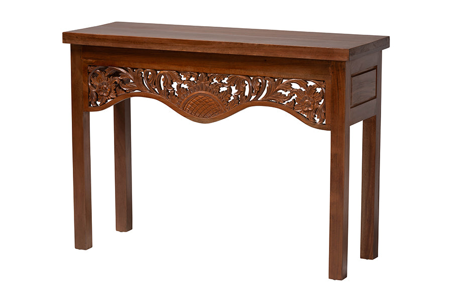 bali & pari Alannis Mahogany Wood Console Table - Accent Table with Carved Floral Apron for Entryway, Living Room, or Hallway