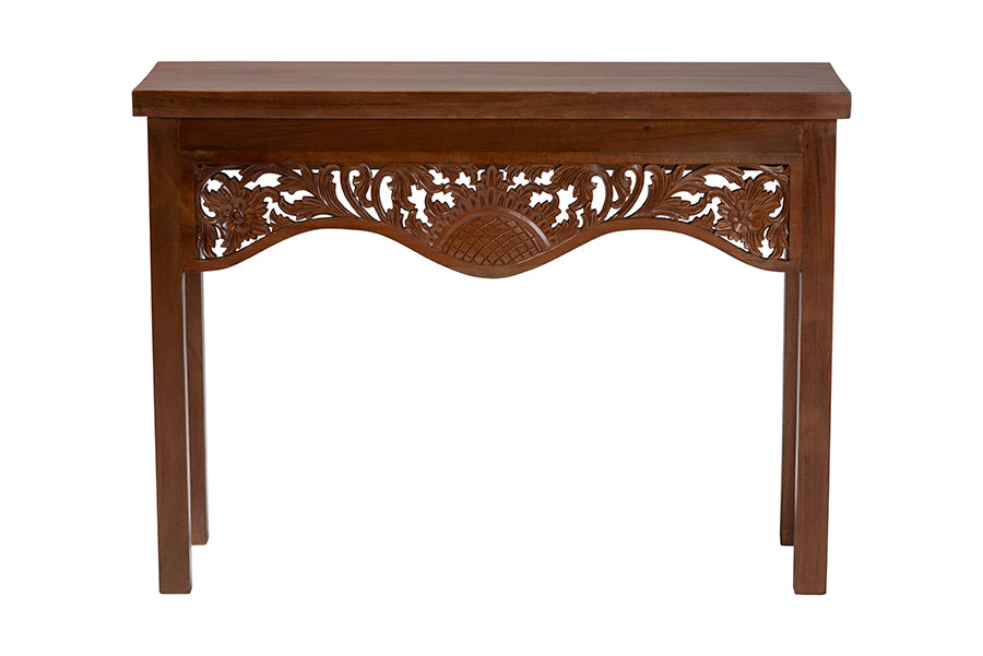 bali & pari Alannis Mahogany Wood Console Table - Accent Table with Carved Floral Apron for Entryway, Living Room, or Hallway