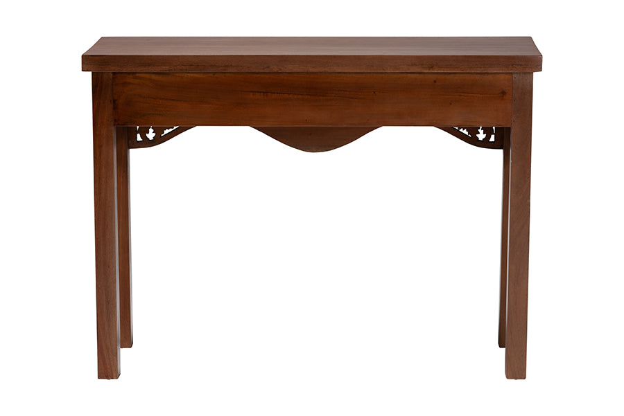 bali & pari Alannis Mahogany Wood Console Table - Accent Table with Carved Floral Apron for Entryway, Living Room, or Hallway