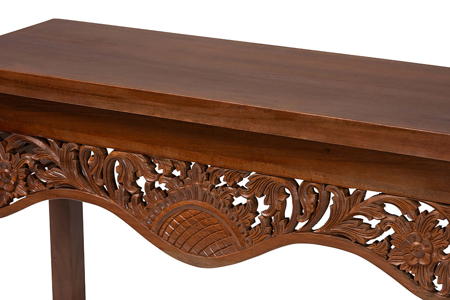 bali & pari Alannis Mahogany Wood Console Table - Accent Table with Carved Floral Apron for Entryway, Living Room, or Hallway